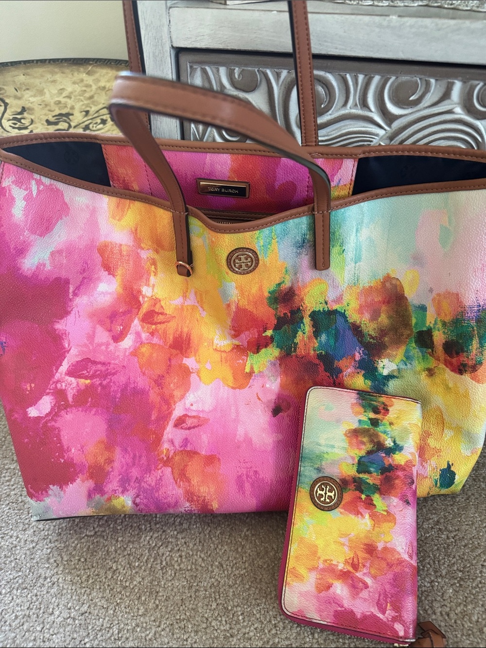 Tory Burch Multicolor Watercolor Floral Tote and wallet with Brown Leather Trim.